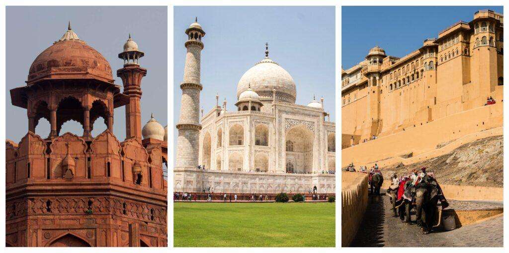 A collage of three images showcasing different architectural styles: The red fort of Delhi, the Taj Mahal of Agra, and the Albert Fort of Jaipur. These are the main attraction point of Golden Triangle Tour Package from Delhi.