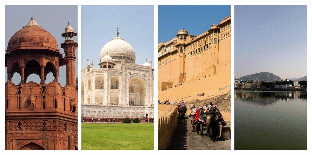 A collage of four images showcasing different architectural styles: The red fort of Delhi, the Taj Mahal of Agra, the Albert Fort of Jaipur and the lake view of pushkar. These are the main attraction point of Golden Triangle Tour Package with Pushkar from Delhi.