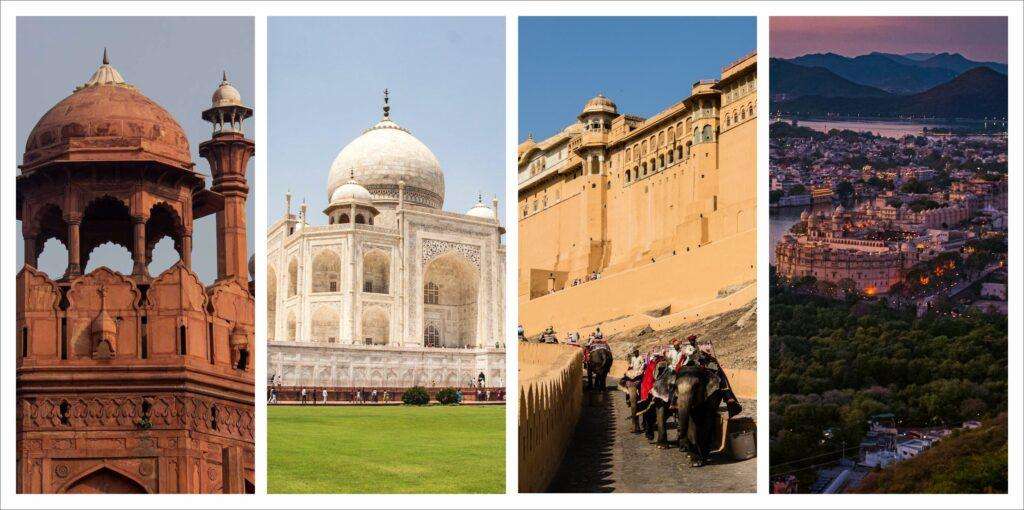 A collage of four images showcasing different architectural styles: The red fort of Delhi, the Taj Mahal of Agra, the Albert Fort of Jaipur and the ariel view of Udaipur. These are the main attraction point of Golden Triangle Tour Package with udaipur from Delhi.